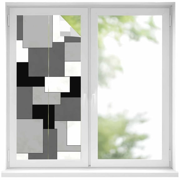 Abstract Art Window Privacy Film White Black Gray Splice Decorative Glass Window Film UV Blocking Static Cling Non-Adhesive Sticker Covering for Home Door 17.7 x 39.3 inches