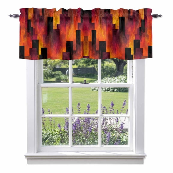 Abstract Art Window Valance for Kitchen, Red Black Gradient Flames Vertical Blocks Modern Rod Pocket Short Curtains for Bathroom Bedroom Small Window, Light Filtering Decorative Valances, 42x12 Inch