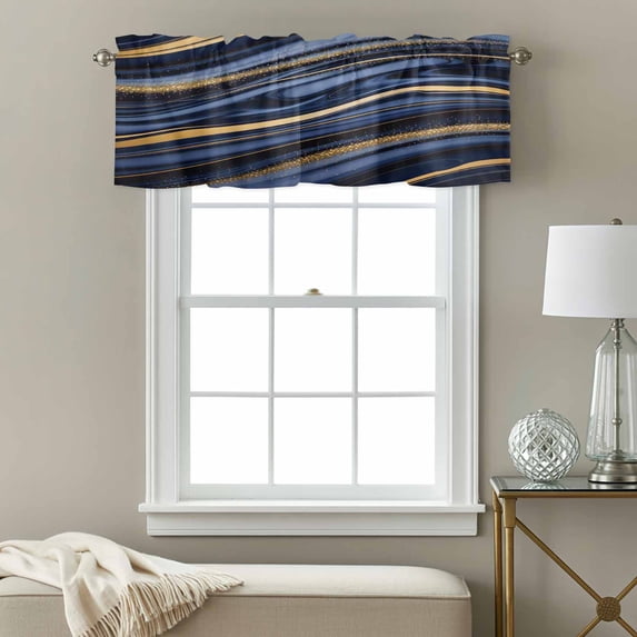 Abstract Art Window Valance for Kitchen, Retro Blue Gold Marble Texture Rod Pocket Short Curtain for Small Windows, Light Filtering Decorative Valance, 60 x 18 Inch, 1 Panel