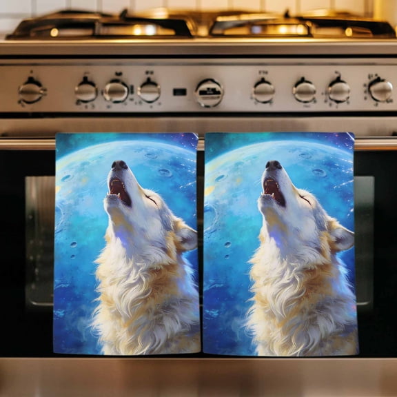 Abstract Art Wolfs Kitchen Towels Set of 1, Blue Moon Forest Black Absorbent Dish Towels for Kitchen, Microfiber Hand Towel, Quick Drying Tea Towel for Cleaning Decorative Dishcloths
