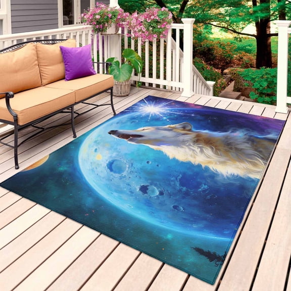 Abstract Art Wolfs Outdoor Rug for Patio/Deck/Porch, Non-Slip Large Area Rug 3 x 5 Ft, Blue Moon Forest Black Indoor Outdoor Rugs Washable Area Rugs, Reversible Camping Rug Carpet Runner