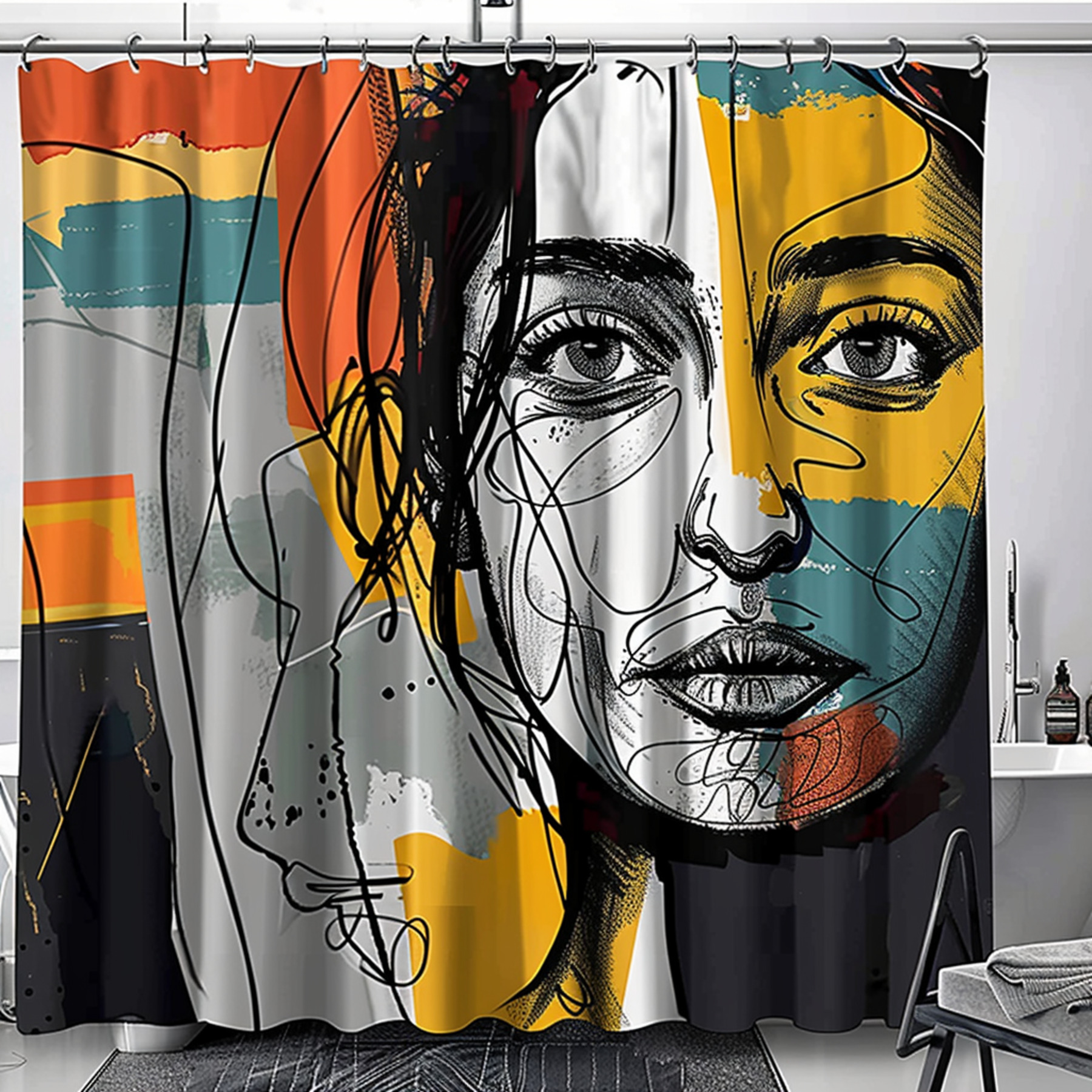 Abstract Art Woman Portrait Shower Curtain Line Drawing & Graffiti