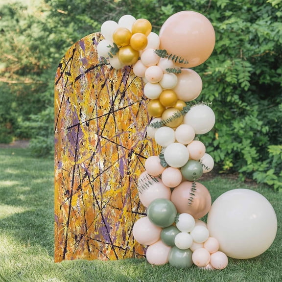 Abstract Artistic Arch Backdrop Cover 5 FT, Yellow Ink Splashes Black Lines Industrial Style Wedding Arch Cover Stretchy Backdrop Stands Covers for Birthday Party Ceremony Banquet Decor