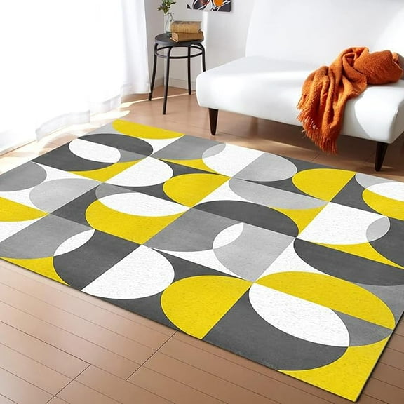Abstract Artistic Irregular Geometry Area Rug, Minimalist Striped Gray Yellow Geometric Decorative Rug, Easy Clean Carpet For Bedroom Living Room Dining Room Office 2 x 3ft
