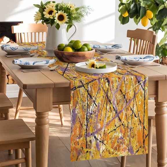 Abstract Artistic Table Runner, Yellow Ink Splashes Black Lines Industrial Style Washable Kitchen Table Runners Dress Scarves for Dining Table Decorations Party/Restaurant/Indoor Outdoor Use, 13x36in