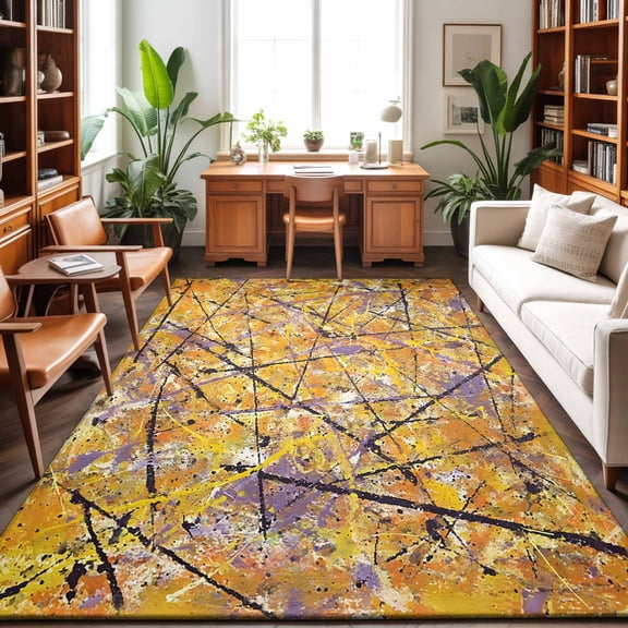 Abstract Artistic Washable Area Rug 9 x 12 ft Yellow Ink Splashes Black Lines Industrial Style, Soft Non Slip Rugs Stain Repellent Indoor Felt Carpet for Living Dining Room Bedroom Home Office