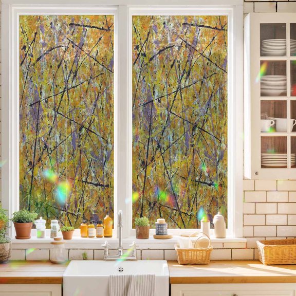 Abstract Artistic Window Privacy Film Yellow Ink Splashes Black Lines Industrial Style Static Cling Stained Glass Window Film Non-Adhesive Decorative Decals Rainbow Sticker 17.7"X39.3"