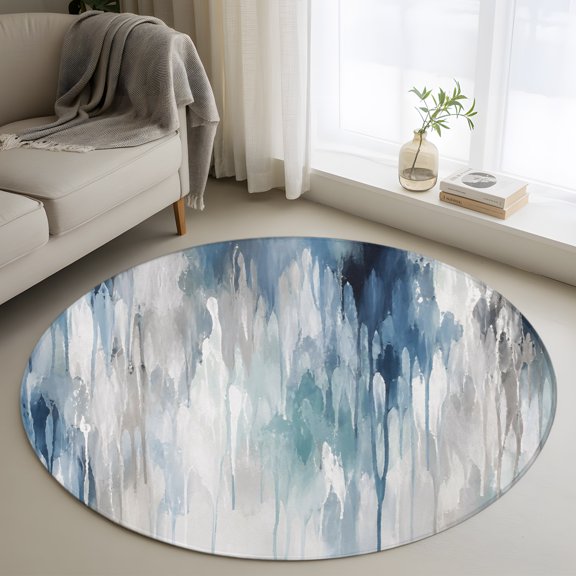 Abstract Artwork 4FT Round Area Rug Impressionist Blended Ocean Tones Blue White Splashes Soft Small Round Rugs Non-Slip, Ultra-Thin Washable Rug Low Pile Circle Carpet for Bedroom Kitchen Nursery