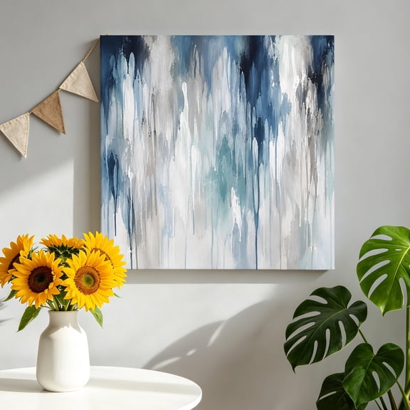 Abstract Artwork Canvas Wall Art, Impressionist Blended Ocean Tones Blue White Splashes Framed Canvas Wall Decor Picture Print Artwork Decorations for Living Room Office Ready to Hang 8" x 8"