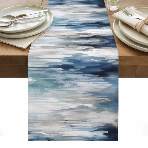 Abstract Artwork Table Runner, Impressionist Blended Ocean Tones Blue White Splashes Washable Kitchen Table Runners for Dining Table Decorations Party/Restaurant/Indoor Outdoor Use, 13x36in