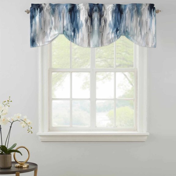 Abstract Artwork Tie Up Valances Curtain, Impressionist Blended Ocean Tones Blue White Splashes Kitchen Valances for Windows Decor, Rod Pocket Short Curtains Set for Bedroom/Bathroom, 54"x18"