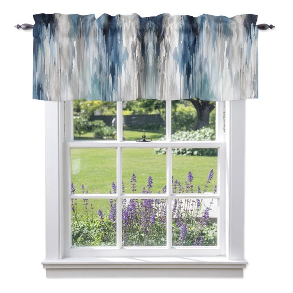 Abstract Artwork Valance Curtain 1 Panel, Impressionist Blended Ocean Tones Blue White Splashes Kitchen Valance with Rod Pocket Window Treatment Short Curtains for Bathroom Bedroom, 42 x 12 Inches