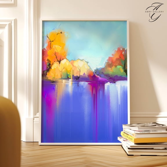 Abstract Autumn Landscape Poster: Colorful Trees, Blue Lake Reflection, Unframed Canvas Size 8x12