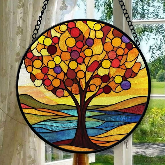 Abstract Autumn Tree Suncatcher Indoor/Outdoor Stained Glass Window Hanging Handmade Suncatchers Home Decor Garden Christmas Party Wedding Housewarming Gifts, Stained Glass