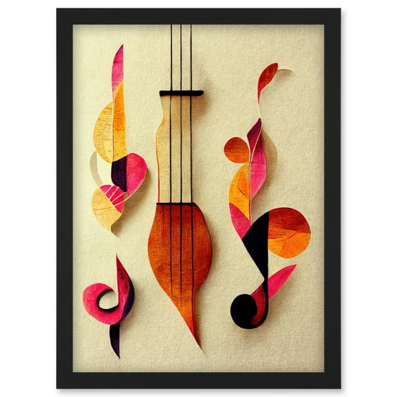 Abstract Autumnal Boho Music Clefs and Lyra Musical in Cream Copper Pink Yellow Artwork Framed Wall Art Print A4
