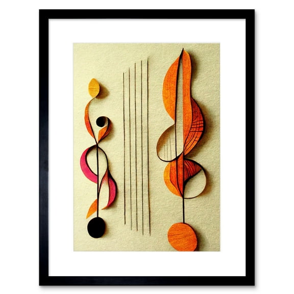 Abstract Autumnal Boho Music Clefs and Staff Musical Cream Copper Pink Yellow Artwork Framed Wall Art Print 9X7 Inch