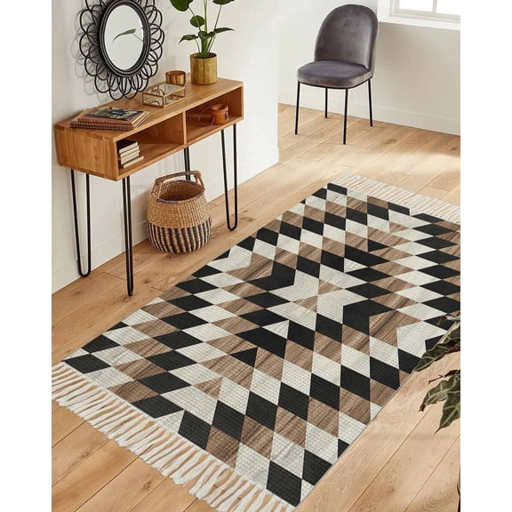 Abstract Aztec Area Rug 3x5ft Woven Runner Rug,Brown Geometric Farmhouse Southwestern Washable Living Room Hallway Bedroom Kitchen Carpet with Tassels,Indoor Outdoor Throw Door Mat for Entryway