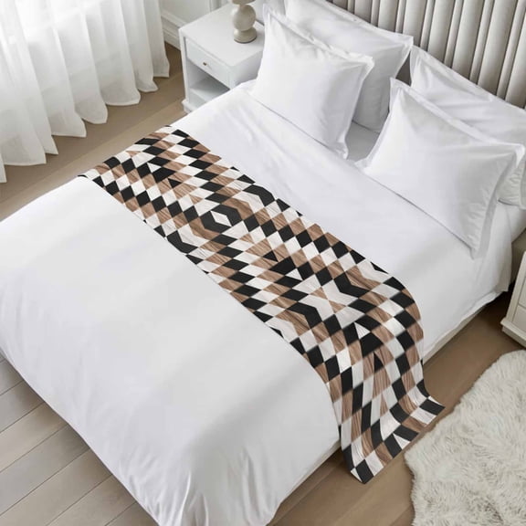 Abstract Aztec Bed Runner, Satin Bed Throw Runner for King Size Beds, Brown Geometric Farmhouse Southwestern Decorative Bedding Scarf for Bedroom Hotel Wedding Room Guestrooms 102"x20"