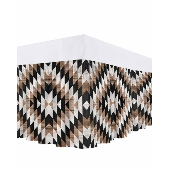 Abstract Aztec Bed Skirt Cal King Size, Brown Geometric Farmhouse Southwestern Wrap Around Bed Skirting with Adjustable Elastic Strap, Dust Ruffled Pleated Bedskirts 18 Inch Drop for Bedroom Beds