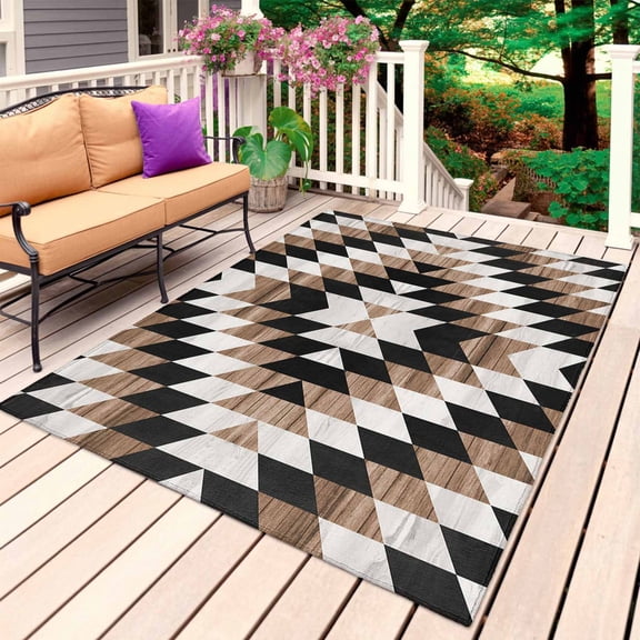 Abstract Aztec Outdoor Rug 3x5 Ft, Non Slip Washable Area Rug, Brown Geometric Farmhouse Southwestern Patio Rugs Carpet Runner, Large Floor Mat for Indoor/Outdoor Deck Porch Camping