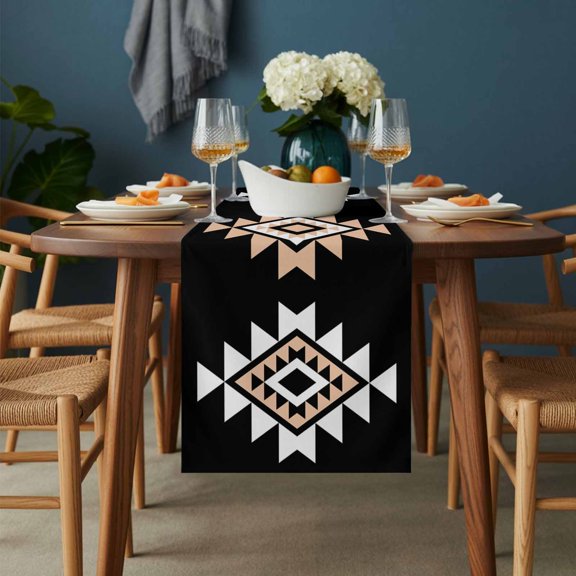 Abstract Aztec Tribal on Black Table Runner-36 Inch Long Retro Western Ethnic Geometric Table Runners Linen Burlap Tablerunner for Kitchen Dining Room Holiday Party