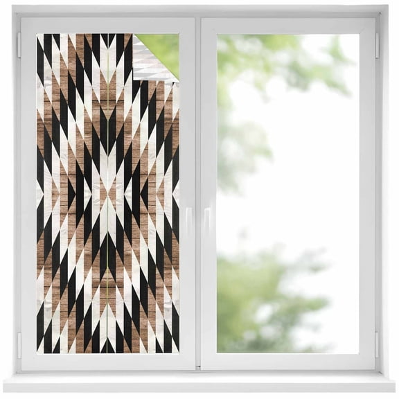 Abstract Aztec Window Privacy Film, Brown Geometric Farmhouse Southwestern Static Cling UV Sun Blocking Heat Control Window Tint Day and Night,Non-Adhesive One Way Windows Privacy Cover 17.7''x39.3''