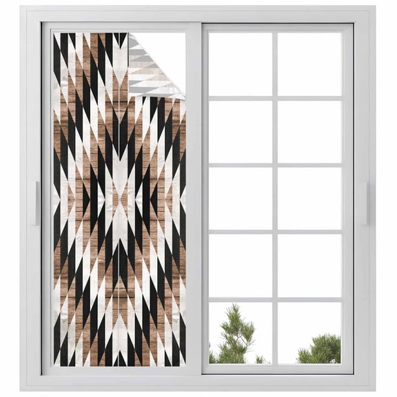 Abstract Aztec Window Privacy Film, Brown Geometric Farmhouse Southwestern Static Cling UV Sun Blocking Heat Control Window Tint Day and Night, Non-Adhesive One Way Windows Privacy Cover 23.6''x59''