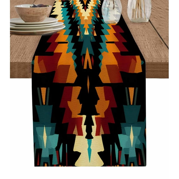 Abstract Aztecs Table Runner-Cotton Linen- 72 Inch Holiday Dresser Scarves, Southwest Geometric Mexican Rustic Boho Tablerunner for Kitchen Coffee/Dining Bedroom Living Room Dinner Scarf Décor 13x72