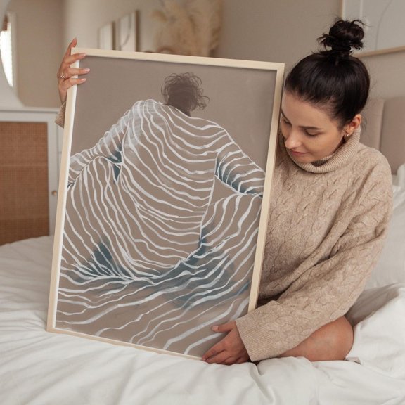 Abstract Back View Portrait, Minimalist Figure In Striped Blanket, Earth Tone Calmcontemporary Figure Print Wall Art, Modern Wall Decor, 12x18 UNFRAMED