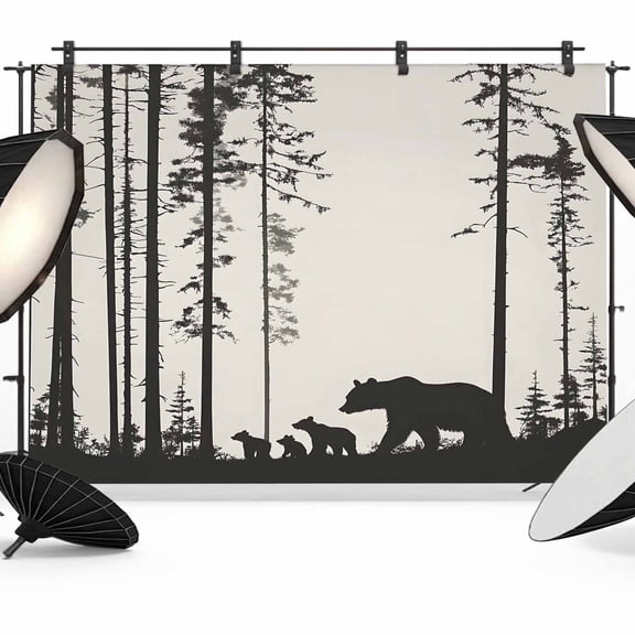 Abstract Backdrop for Photography, Bear Family Forest Trees Natural Scenery Silhouette Photo Backdrop Portrait Background Party Banner Photo Backgrounds for Studio Booth Props, 12x8ft