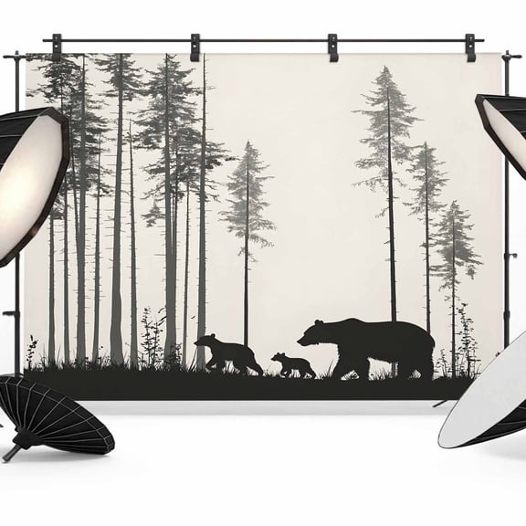 Abstract Backdrop for Photography, Forest Walking Bear Family Pine Tree Silhouette Photo Backdrop Portrait Background Party Banner Photo Backgrounds for Studio Booth Props, 7x5ft