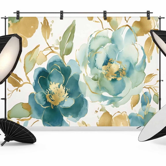 Abstract Backdrop for Photography, Green Peony Pattern Petals Leaves Gold Lines Retro Photo Backdrop Portrait Background Party Banner Photo Backgrounds for Studio Booth Props, 7x5ft