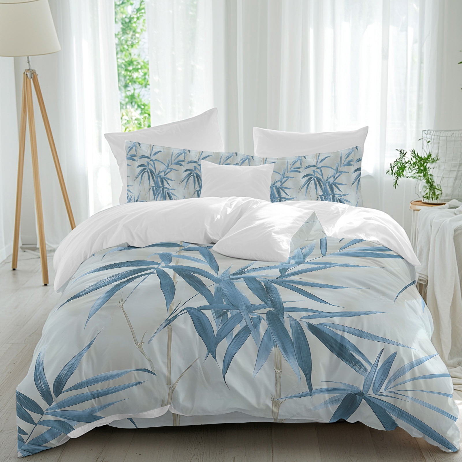 Abstract Bamboos Leaf Queen Duvet Cover Set, Blue Branch Leaf Watercolor 4 Piece Microfiber Bedding Set with Zipper Closure, Bed Sheet and 2 Pillow Shams, Soft Bedding Cover
