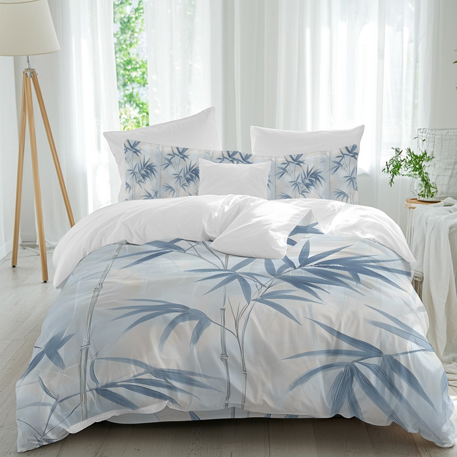 Abstract Bamboos Leaf Queen Duvet Cover Set, Blue Branch Leaves Watercolor 4 Piece Microfiber Bedding Set with Zipper Closure, Bed Sheet and 2 Pillow Shams, Soft Bedding Cover