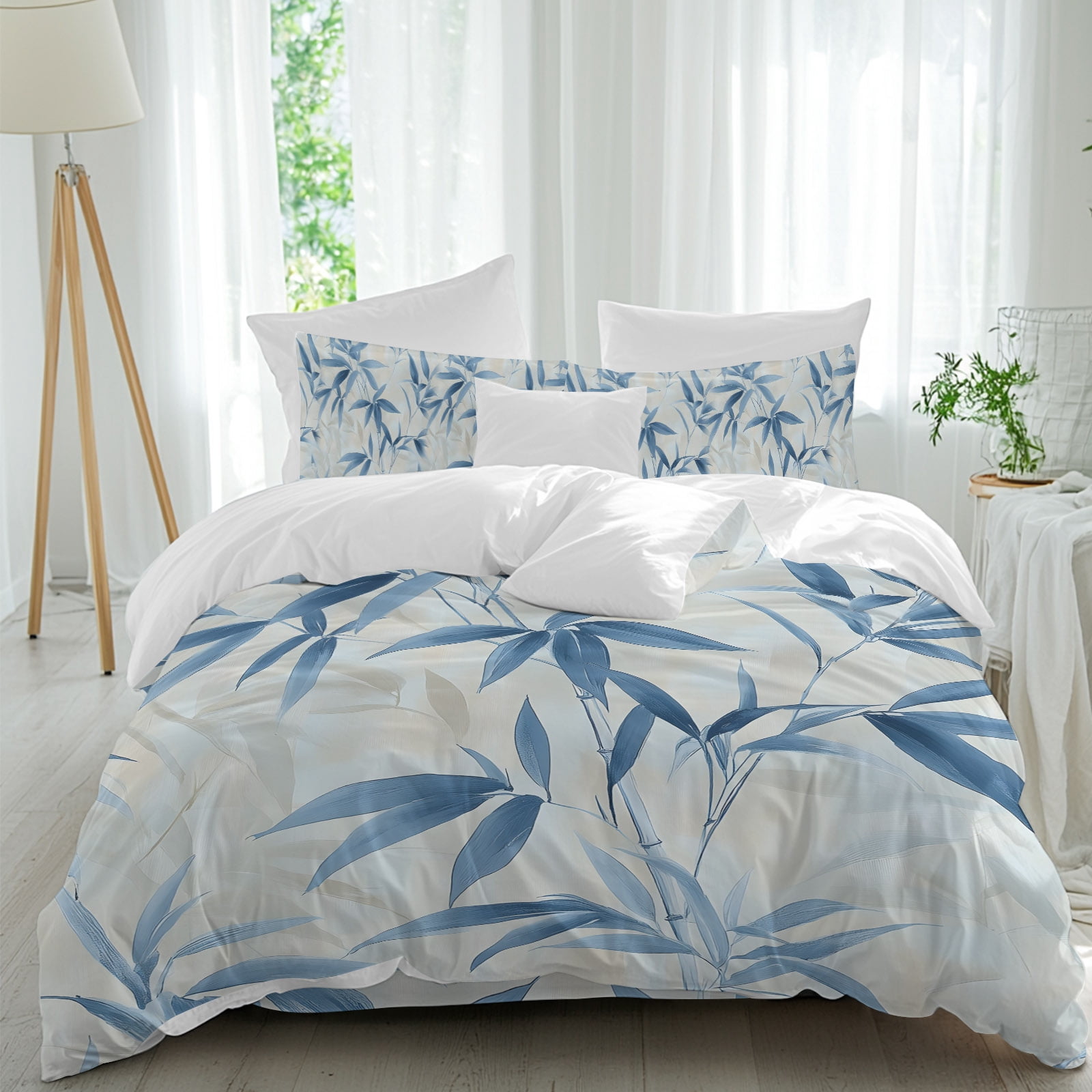 Abstract Bamboos Leaf Queen Duvet Cover Set, Blue Branches Leaves Watercolor 4 Piece Microfiber Bedding Set with Zipper Closure, Bed Sheet and 2 Pillow Shams, Soft Bedding Cover