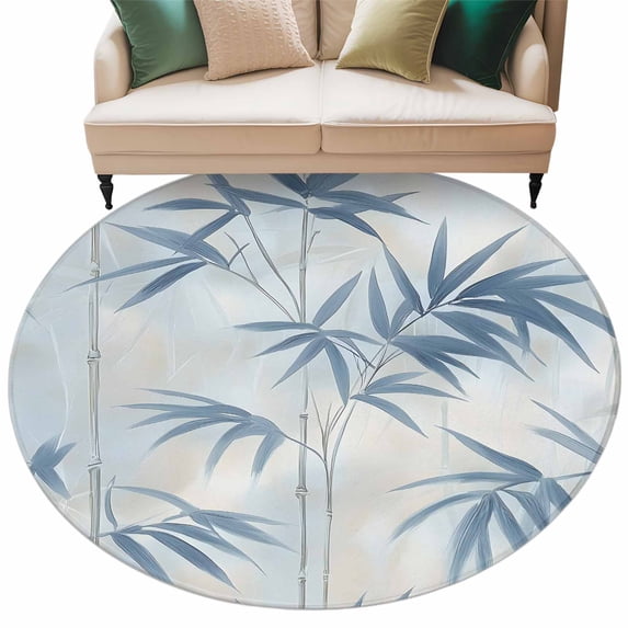 Abstract Bamboos Leaf Round Area&nbsp;Rug 5ft Blue Branch Leaves Watercolor Non-Slip&nbsp;Washable Circle Rugs Soft Felt Indoor Floor Mat for Bedroom Kitchen Living Room Bathroom