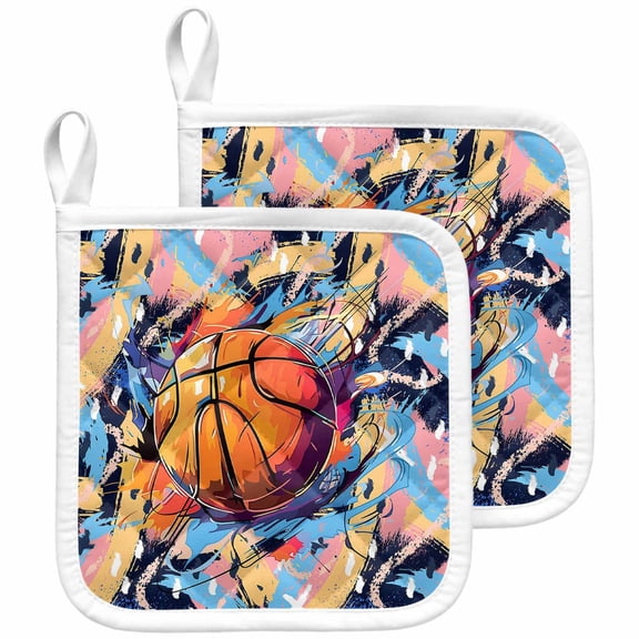 Abstract Basketball, Pot Holders for Kitchen Heatproof Potholder, 2 Pack Contemporary Rainbow Street Art Hot Pads Multipurpose Oven Pads Cloth Potholders Trivet for Cooking and Baking