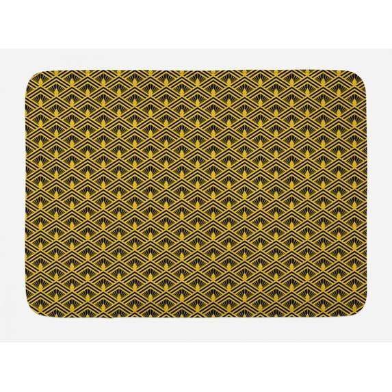 Abstract Bath Mat, Art Deco Inspired Pattern with Shells Vintage Geometric Simplicity, Plush Bathroom Decor Mat with Non Slip Backing, 29.5" X 17.5", Yellow Charcoal Grey, by Ambesonne