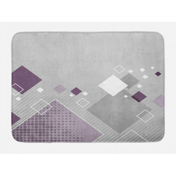 Abstract Bath Mat, Geometric Composition with Different Colored Squares Striped Dotted Rhombus, Non-Slip Plush Mat Bathroom Kitchen Laundry Room Decor, 29.5 X 17.5 Inches, Grey Purple White, Ambesonne