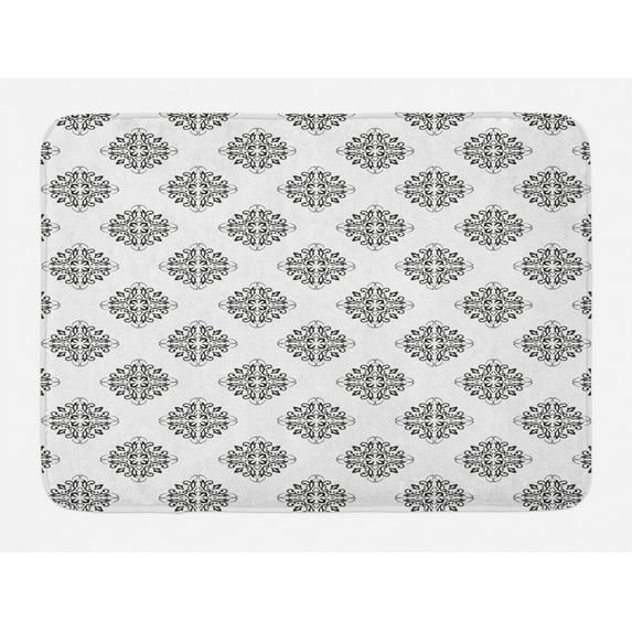 Abstract Bath Mat, Repetitive Layout of Detailed Art Elements on a Plain Background, Plush Bathroom Decor Mat with Non Slip Backing, 29.5" X 17.5", Charcoal Grey and White, by Ambesonne