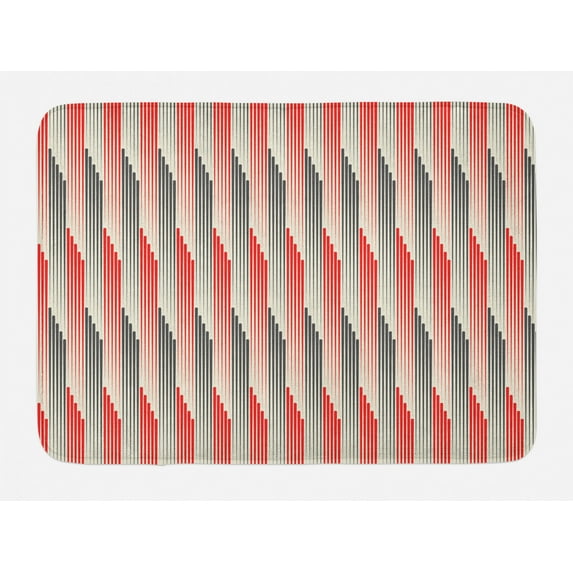 Abstract Bath Mat, Retro Style Bicolor Composition with Stylized Vertical Stripes Futuristic, Non-Slip Plush Mat Bathroom Kitchen Laundry Room Decor, 29.5 X 17.5 Inches, Grey and Scarlet, Ambesonne