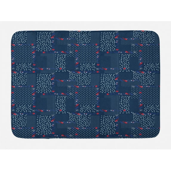 Abstract Bath Mat, Symmetrical Dots and Roses in Dark Tones Illustration Pattern, Plush Bathroom Decor Mat with Non Slip Backing, 29.5" X 17.5", Dark Violet Blue and Multicolor, by Ambesonne