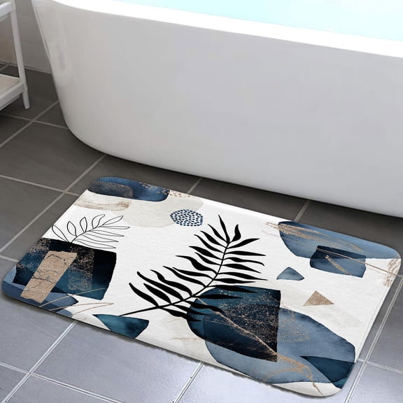 Abstract Bath Rugs for Bathroom,Modern Aesthetic Bathroom Rug Bath Mat Set Floor Mats, Gray Blue Boho Leaves 70S 80S Contemporary Mid Century Doormat, 17X29in