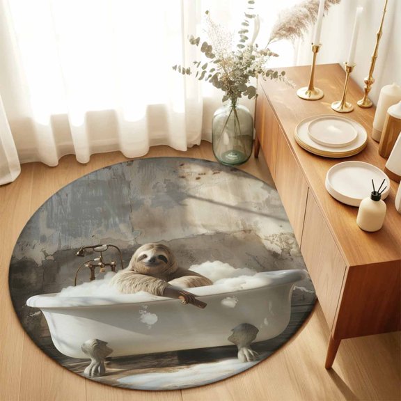 Abstract Bathing Sloth Round Rug 3ft Vintage Oil Painting Pattern Washable Area Rugs for Living Room Bedroom Entryway Non Slip Entrance Door Mat Indoor Floor Carpet