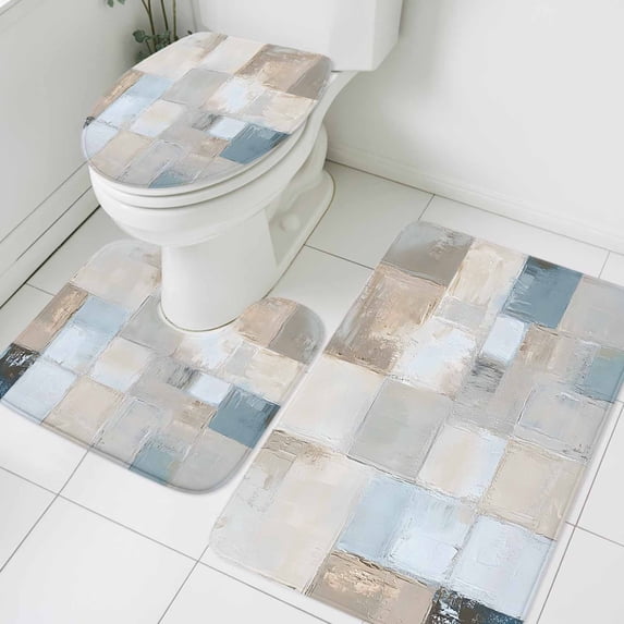 Abstract Bathroom Rugs Set Beige Blue Grey Color Block Oil Painting ...