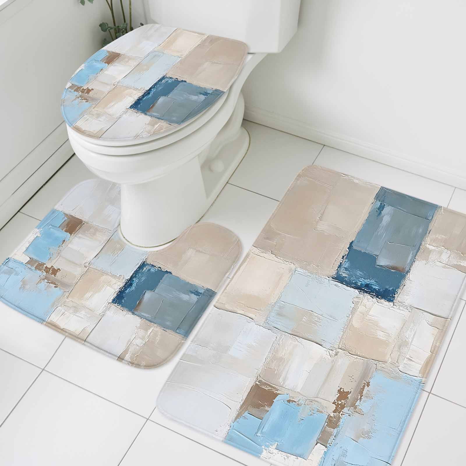 Abstract Bathroom Rugs Set Beige Blue Grey Plaid Oil Painting Color ...