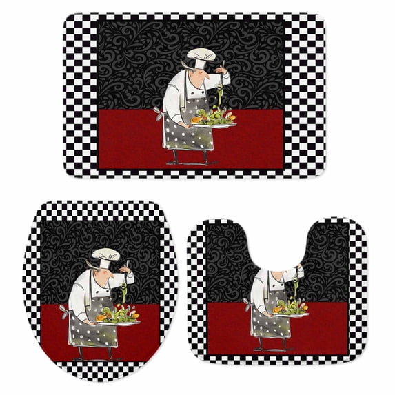 Abstract Bathroom Rugs Set Cartoon Style Cooks Black White Checkered Border Non Slip Absorbent Soft Bath Mats 3 Piece Set with Bathroom Rug, U-Shaped Floor Mat, Toilet Seat Cover Small Size