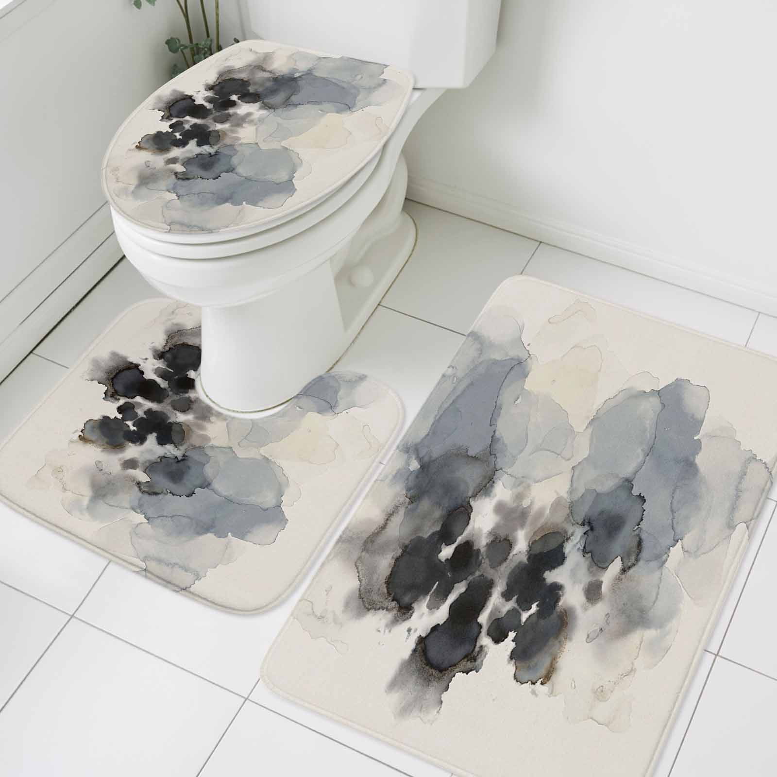 Abstract Bathroom Rugs Set Ink Painting Mottled Gradient Blue Gray ...