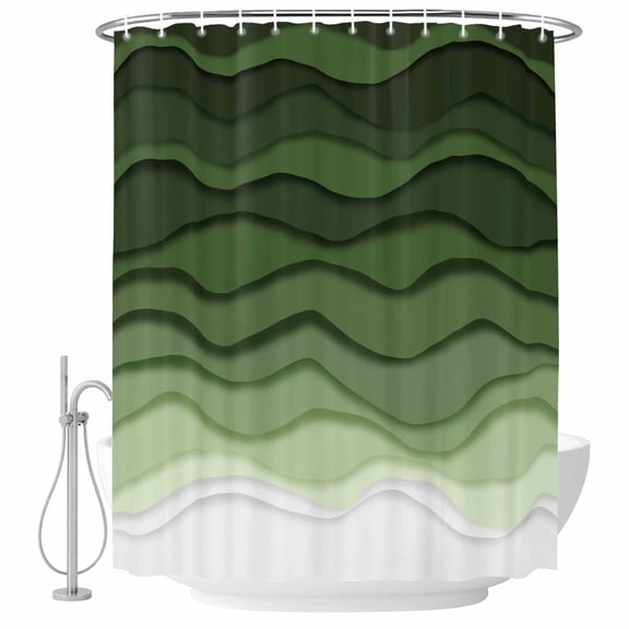 Abstract Bathroom Shower Curtains with Hooks, Green Gradient Ocean Waves Sandy Beach Waterproof Fabric Washable Shower Curtain for Home Hotel Bathtub Decor 36x72 Inch