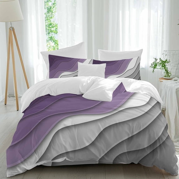 Abstract Beach 4 Piece Duvet Cover Set Queen Size Aesthetic Grey to Purple Gradient Soft Bedding Set Comforter Cover, 1 Duvet Cover 1 Flat Sheets and 2 Pillowcases